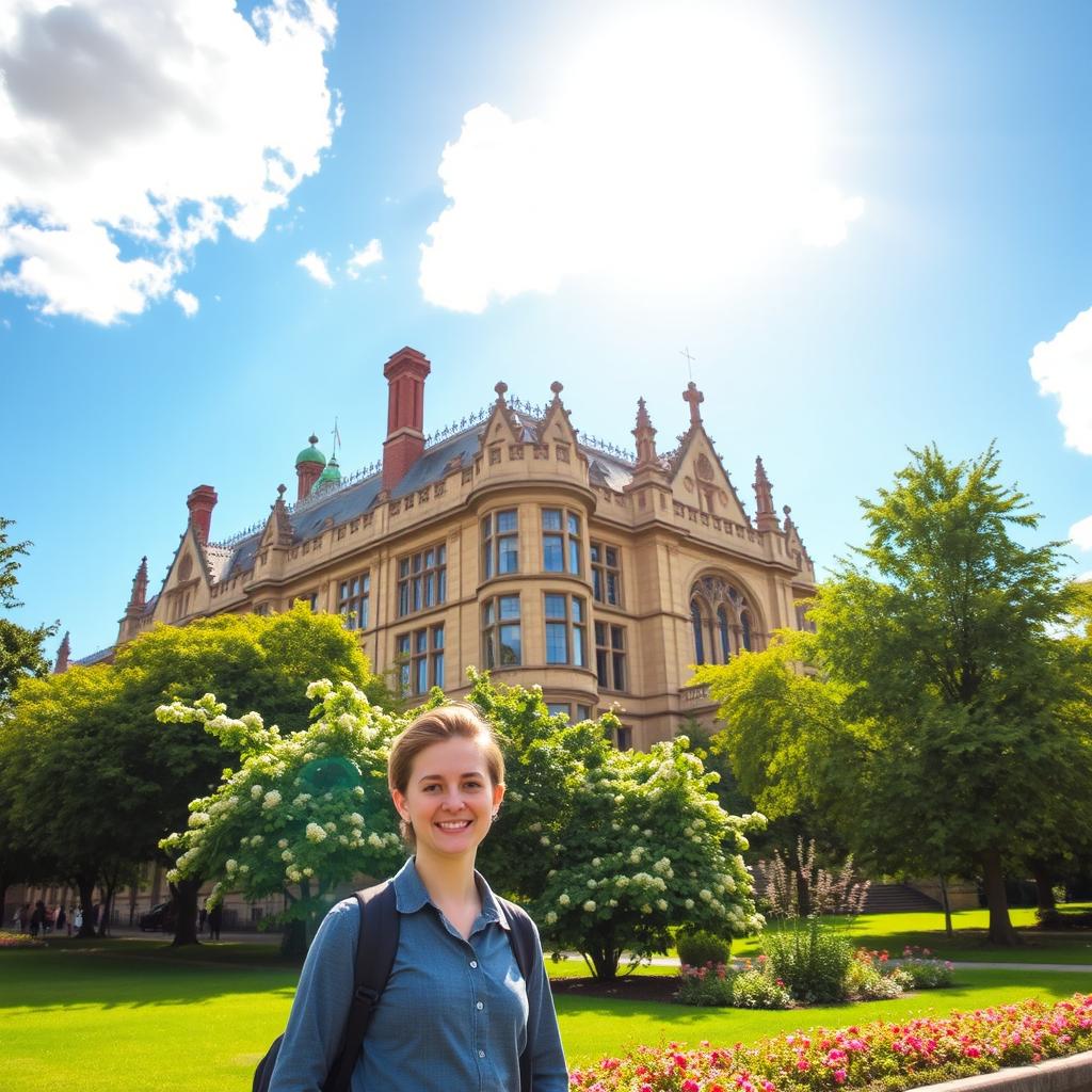A picturesque scene featuring a beautiful historic college building in London, surrounded by lush green trees and blooming flowers