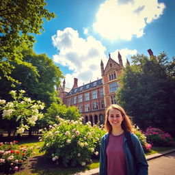 A picturesque scene featuring a beautiful historic college building in London, surrounded by lush green trees and blooming flowers