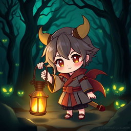 A chibi-style character dressed in traditional demon-slaying attire, holding a glowing lantern with vibrant flames inside