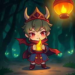 A chibi-style character dressed in traditional demon-slaying attire, holding a glowing lantern with vibrant flames inside