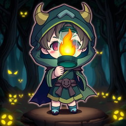 A chibi-style character dressed in traditional demon-slaying attire, holding a glowing lantern with vibrant flames inside