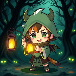A chibi-style character dressed in traditional demon-slaying attire, holding a glowing lantern with vibrant flames inside