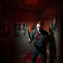 Michael Myers, covered in blood, engaged in a chilling murder scene inside a haunted house