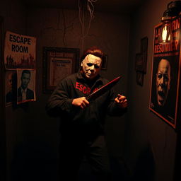 Michael Myers, covered in blood, engaged in a chilling murder scene inside a haunted house