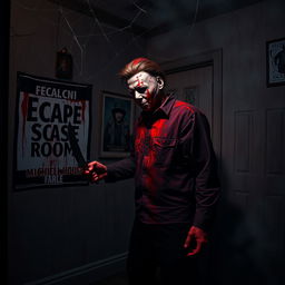 Michael Myers, covered in blood, engaged in a chilling murder scene inside a haunted house