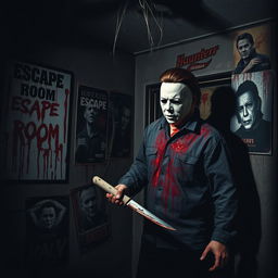 Michael Myers, covered in blood, engaged in a chilling murder scene inside a haunted house