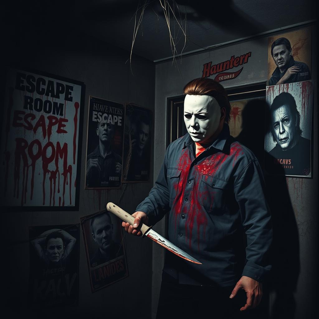 Michael Myers, covered in blood, engaged in a chilling murder scene inside a haunted house
