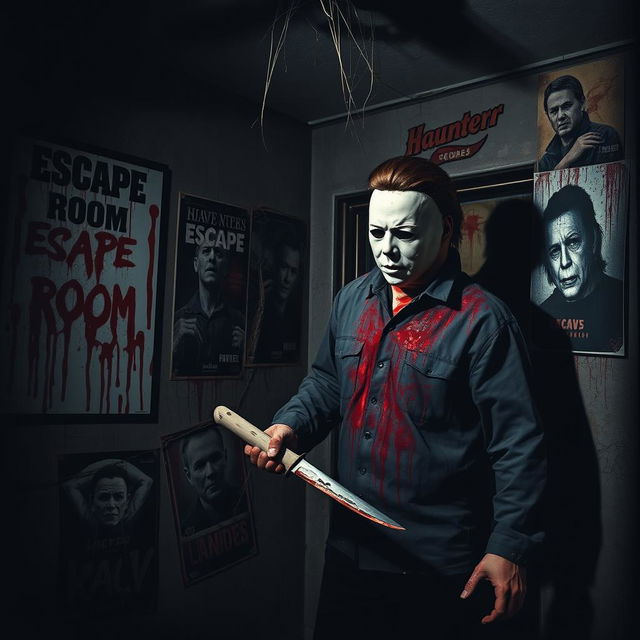 Michael Myers, covered in blood, engaged in a chilling murder scene inside a haunted house