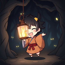 A cute chibi-style character dressed in traditional demon-slaying attire, featuring a distinctive patterned kimono with a haori jacket