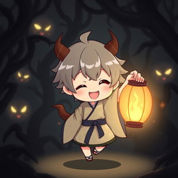 A cute chibi-style character dressed in traditional demon-slaying attire, featuring a distinctive patterned kimono with a haori jacket