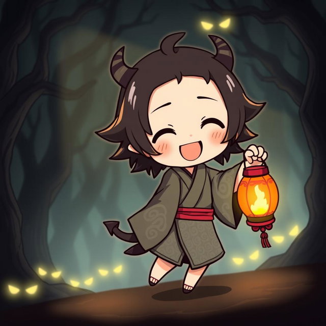 A cute chibi-style character dressed in traditional demon-slaying attire, featuring a distinctive patterned kimono with a haori jacket