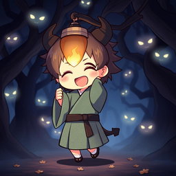 A cute chibi-style character dressed in traditional demon-slaying attire, featuring a distinctive patterned kimono with a haori jacket