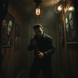 A chilling scene featuring Michael Myers, the iconic horror character, in a terrifying haunted house