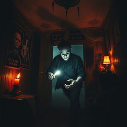 A chilling scene featuring Michael Myers, the iconic horror character, in a terrifying haunted house