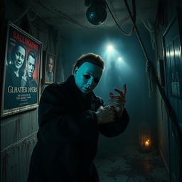 A chilling scene featuring Michael Myers, the iconic horror character, in a terrifying haunted house