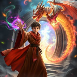 A young mage in flowing robes, summoning a majestic magical dragon