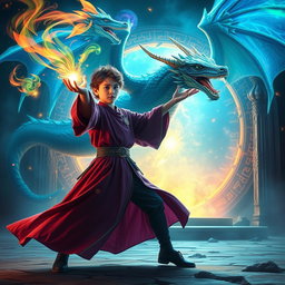 A young mage in flowing robes, summoning a majestic magical dragon