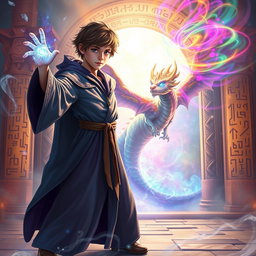 A young mage in flowing robes, summoning a majestic magical dragon