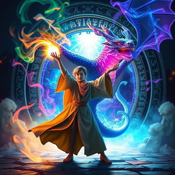 A young mage in flowing robes, summoning a majestic magical dragon