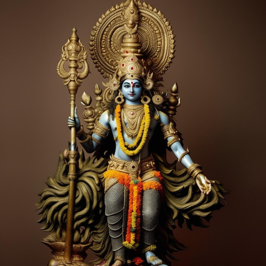 A magnificent depiction of Jay Goga, a revered deity in Hinduism, clad in golden armor, with a serene and mighty aura, holding a trident in his hand.