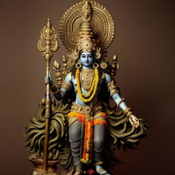 A magnificent depiction of Jay Goga, a revered deity in Hinduism, clad in golden armor, with a serene and mighty aura, holding a trident in his hand.