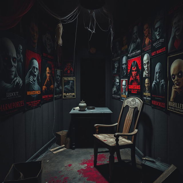 A spooky and eerie room filled with horror-themed decor, featuring walls covered in frightening posters of ghosts and monsters