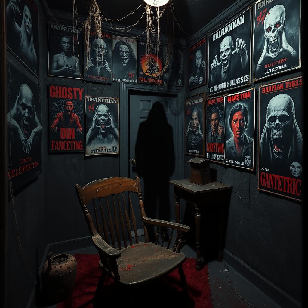 A spooky and eerie room filled with horror-themed decor, featuring walls covered in frightening posters of ghosts and monsters