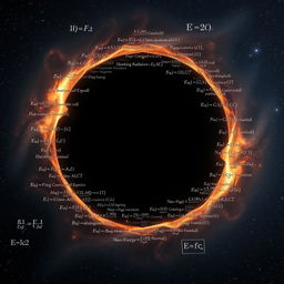 An artistic representation of the first-ever image of a black hole, created entirely from physics numbers and equation formulas