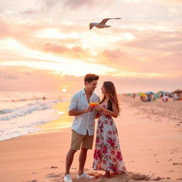 A serene beach scene at sunset, with a gentle wave lapping against the shore
