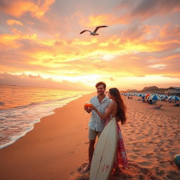 A serene beach scene at sunset, with a gentle wave lapping against the shore