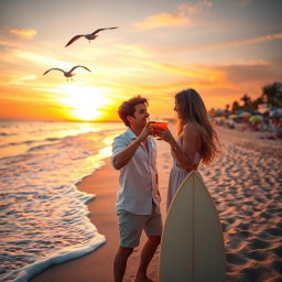 A serene beach scene at sunset, with a gentle wave lapping against the shore