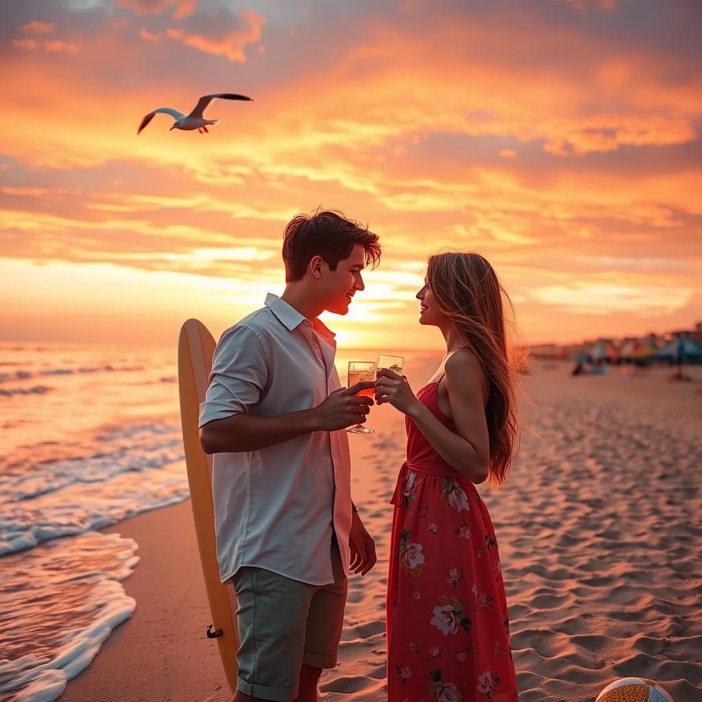A serene beach scene at sunset, with a gentle wave lapping against the shore