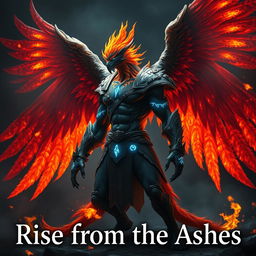 A mythical warrior hybrid character that is half-human and half-phoenix, displaying magnificent fiery wings that are ablaze in shades of red, gold, and orange