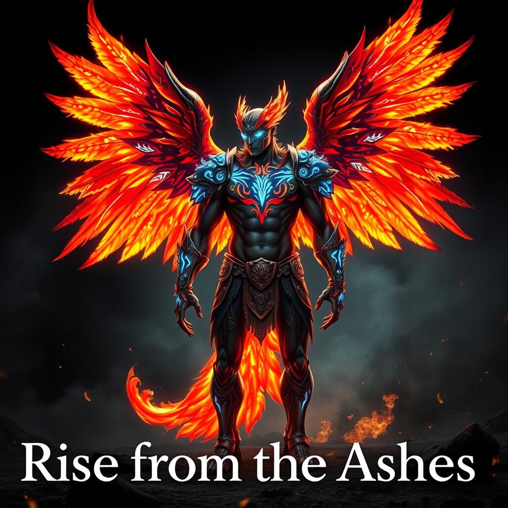 A mythical warrior hybrid character that is half-human and half-phoenix, displaying magnificent fiery wings that are ablaze in shades of red, gold, and orange