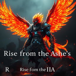 A mythical warrior hybrid character that is half-human and half-phoenix, displaying magnificent fiery wings that are ablaze in shades of red, gold, and orange