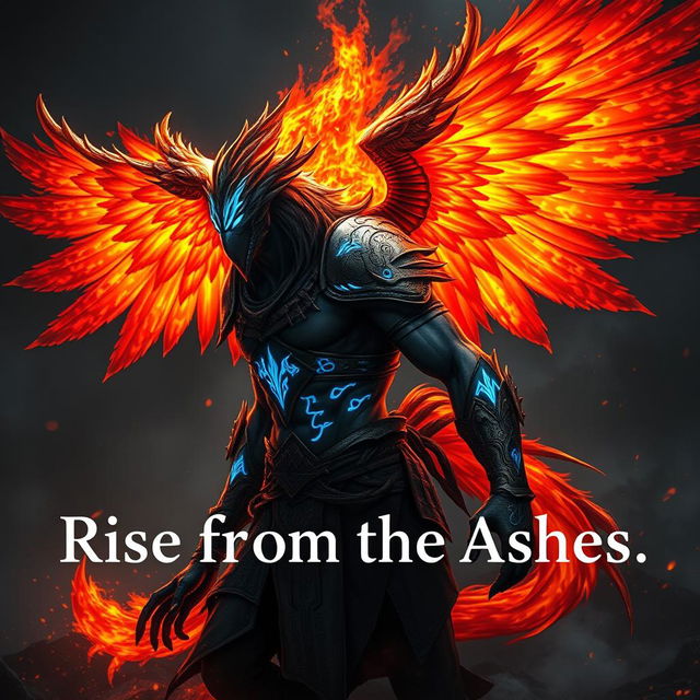 A mythical warrior hybrid character that is half-human and half-phoenix, displaying magnificent fiery wings that are ablaze in shades of red, gold, and orange