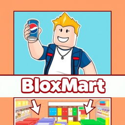 A vibrant and playful Roblox-style advertisement featuring a Roblox character smiling while holding a can of Pepsi