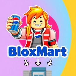 A vibrant and playful Roblox-style advertisement featuring a Roblox character smiling while holding a can of Pepsi