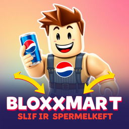 A vibrant and playful Roblox-style advertisement featuring a Roblox character smiling while holding a can of Pepsi