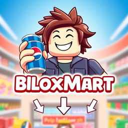 A vibrant and playful Roblox-style advertisement featuring a Roblox character smiling while holding a can of Pepsi