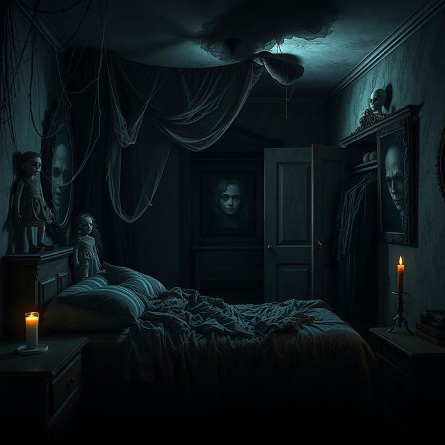 A scary and chilling bedroom scene filled with terrifying elements