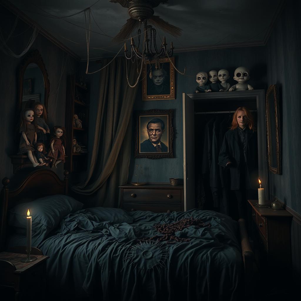 A scary and chilling bedroom scene filled with terrifying elements