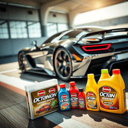 An eye-catching image of a sleek high-performance car in motion, showcasing the use of Octan booster for enhanced power, emphasizing the shiny exterior and dynamic angles