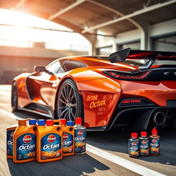 An eye-catching image of a sleek high-performance car in motion, showcasing the use of Octan booster for enhanced power, emphasizing the shiny exterior and dynamic angles