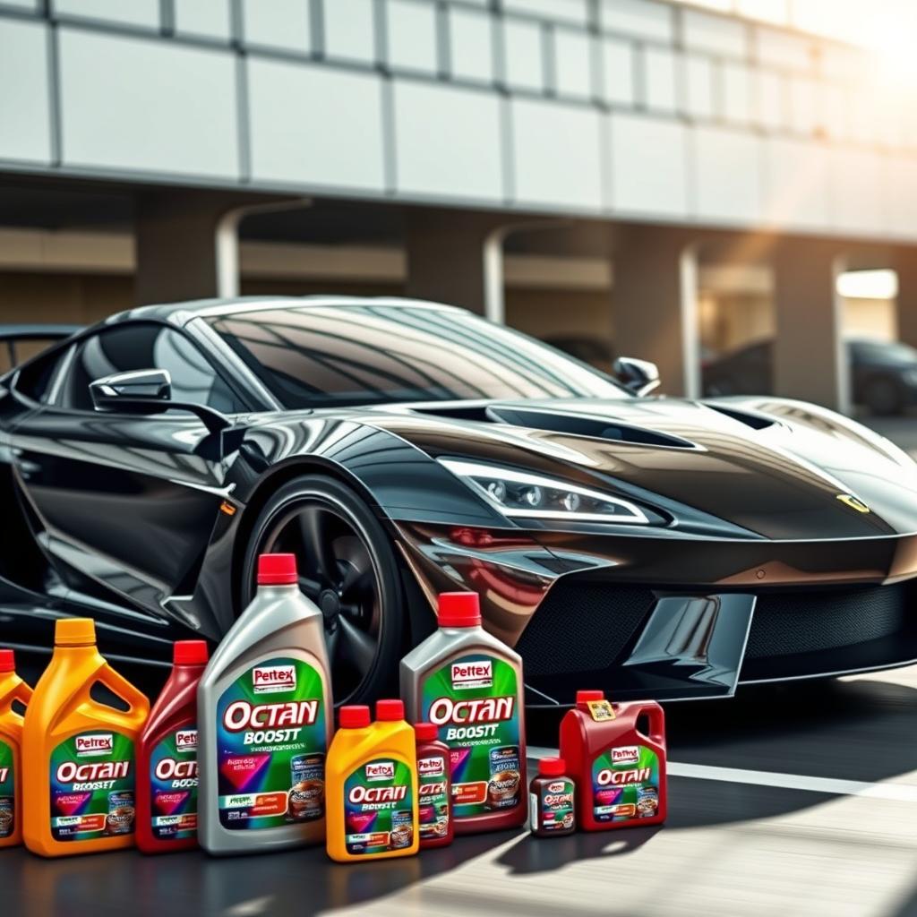 An eye-catching image of a sleek high-performance car in motion, showcasing the use of Octan booster for enhanced power, emphasizing the shiny exterior and dynamic angles