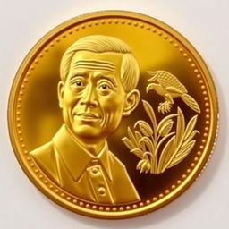 A gold coin featuring the image of President Joko Widodo (Jokowi) with detailed facial features and an expression of confidence