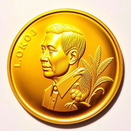 A gold coin featuring the image of President Joko Widodo (Jokowi) with detailed facial features and an expression of confidence