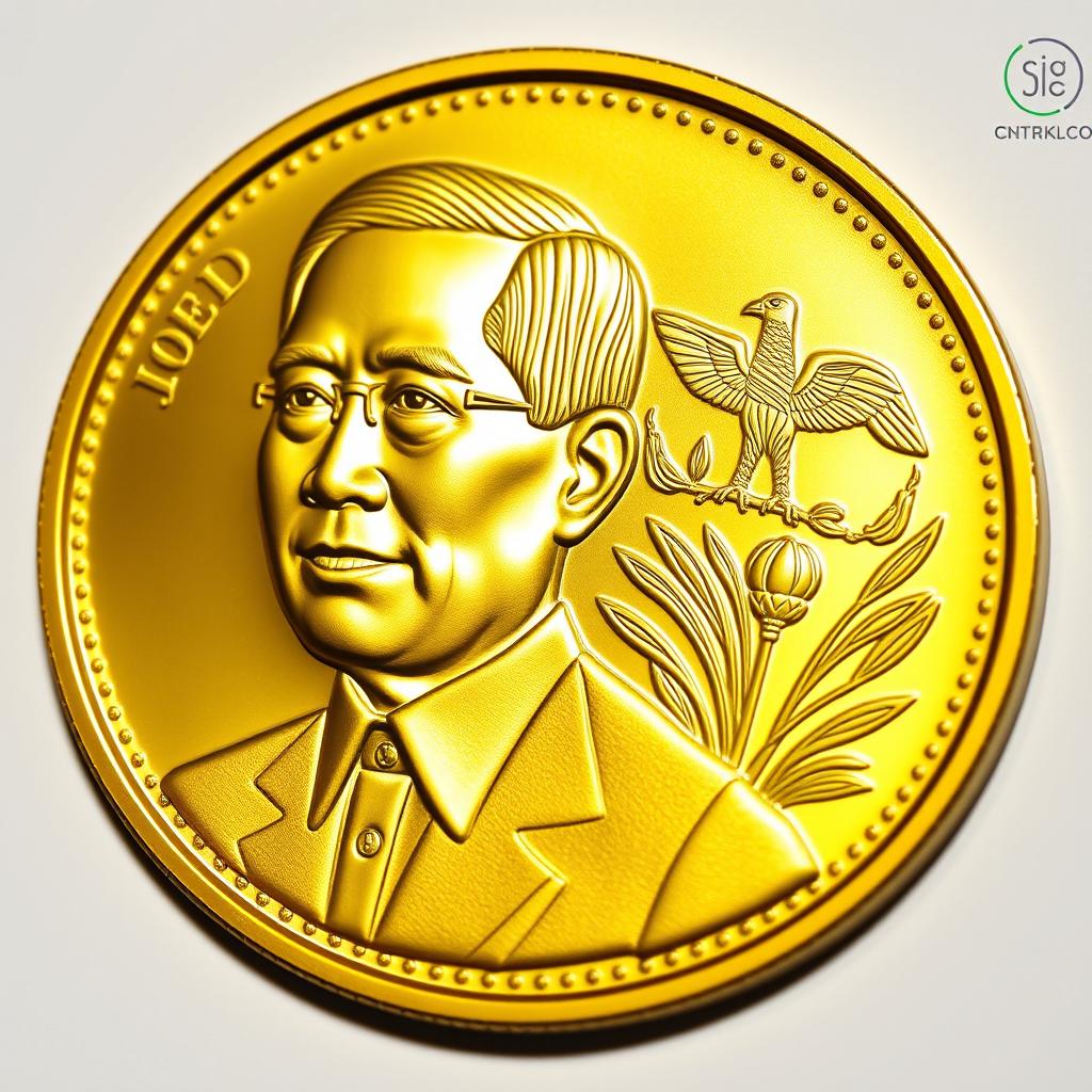 A gold coin featuring the image of President Joko Widodo (Jokowi) with detailed facial features and an expression of confidence