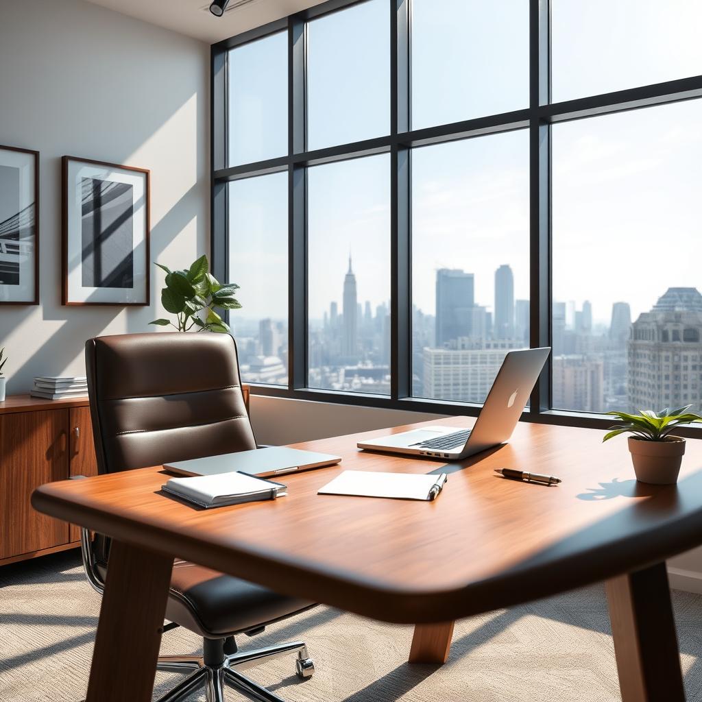 A serene and professional office setting featuring a sleek wooden desk adorned with a laptop, some notebooks, and a stylish pen