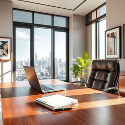 A serene and professional office setting featuring a sleek wooden desk adorned with a laptop, some notebooks, and a stylish pen